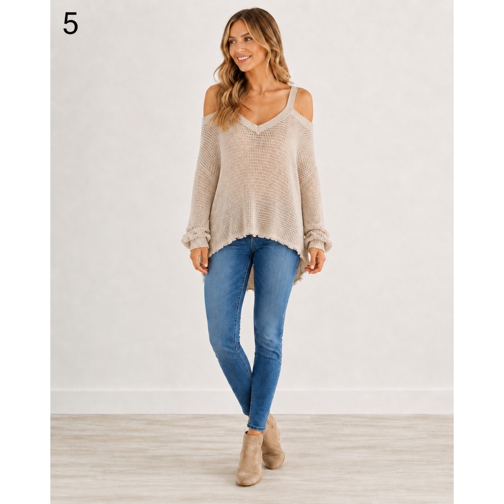 Free People Waffle Knit Thermal Cold Shoulder Sweater Womens XS Cream Cotton